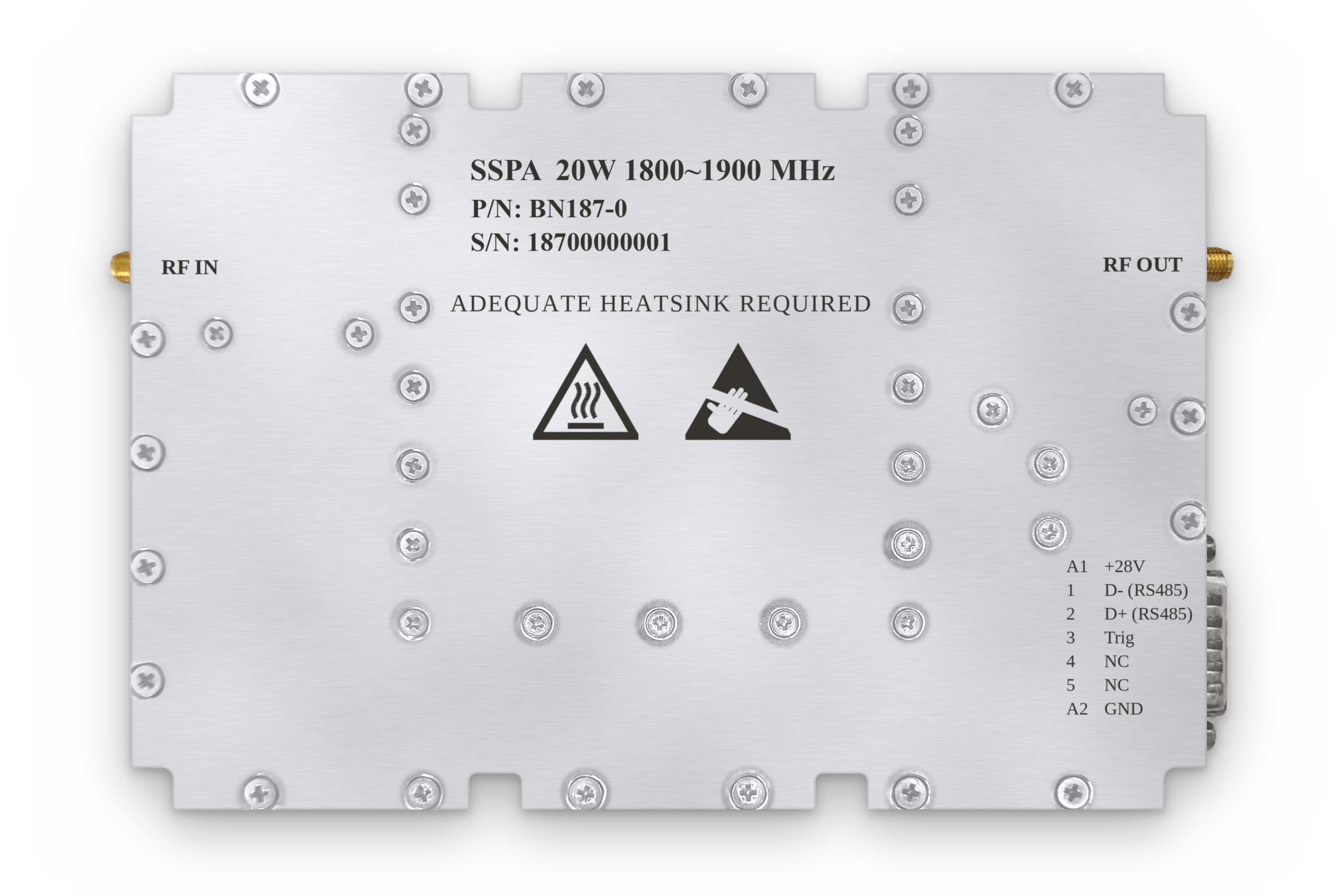 SL-SPA-1850-20 amplifier module with RF IN, RF OUT and DC/RS-485 connector
